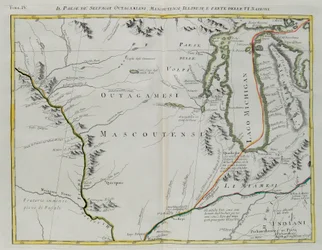 Land van de Outagamie-, Mascoutin- en Illinois-indianen en een deel van de Zes Naties, gravure door G. Zuliani uit deel I van de "Nieuwste atlas", in 1778 in Venetië uitgegeven door Antonio Zatta, privécollectie