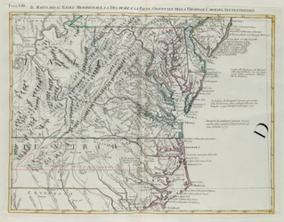 Maryland, zuidelijk New Jersey, Delaware en het oostelijke deel van Virginia en North Carolina, gravure door G. Zuliani uit Tome I van de "Nieuwste Atlas" gepubliceerd in Venetië in 1778 door Antonio Zatta, Privécollectie