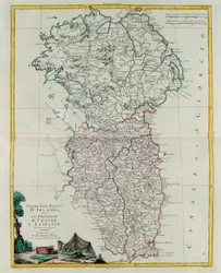 Deel van het Koninkrijk Ierland, dat wil zeggen, de provincies Ulster en Leinster, gravure door G. Zuliani uit Tome I van de "Nieuwste Atlas" gepubliceerd in Venetië in 1778 door Antonio Zatta, Privécollectie