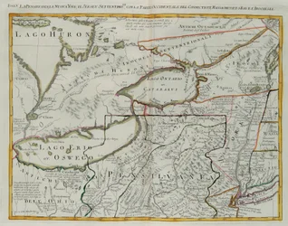 Pennsylvania, New York, zuidelijk New Jersey, met het westelijke deel van Connecticut, Massachusetts Bay en Land van de Iroquois, gravure door G. Zuliani uit Tome I van de 