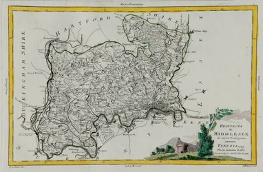 Provincie Middlesex, gravure door G. Zuliani uit Tome I van de "Nieuwste Atlas" gepubliceerd in Venetië in 1779 door Antonio Zatta, Privécollectie