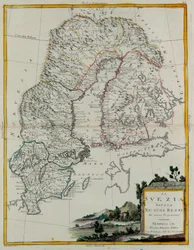 Zweden verdeeld in zijn Koninkrijken, gravure door G. Zuliani uit Tome III van de "Nieuwste Atlas" gepubliceerd in Venetië in 1781 door Antonio Zatta, Privécollectie