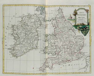 De koninkrijken Engeland en Ierland, gravure door G. Zuliani uit Tome I van de Nieuwste Atlas gepubliceerd in Venetië in 1776 door Antonio Zatta, Privécollectie