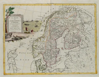 De koninkrijken Zweden, Denemarken en Noorwegen, gravure door G. Zuliani uit Tome III van de "Nieuwste Atlas" gepubliceerd in Venetië in 1781 door Antonio Zatta, Privécollectie