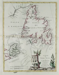De eilanden Newfoundland en Cape Breton, gravure door G. Zuliani uit Tome I van de "Nieuwste Atlas" gepubliceerd in Venetië in 1778 door Antonio Zatta, Privécollectie