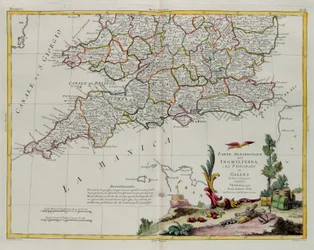 Het zuidelijke deel van Engeland en het prinsdom Wales, gravure door G. Zuliani uit Tome I van de Nieuwste Atlas gepubliceerd in Venetië in 1778 door Antonio Zatta, Privécollectie