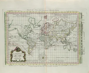 Wereldkaart en een algemene beschrijving van de wereld, gravure door G. Zuliani uit Tome I van de "Nieuwste Atlas" gepubliceerd in Venetië in 1774 door Antonio Zatta