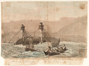 De expeditiebrik zoals ze verscheen, vergaan op het westelijke punt van het eiland Sta Cruiz Tenerife, december 1774