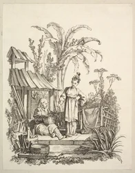 Een zittende Chinese man en een vrouw die een vis draagt, ca. 1742