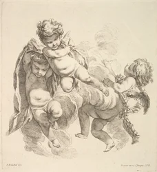 Drie kinderen tussen wolken met een draperie, 1738-45