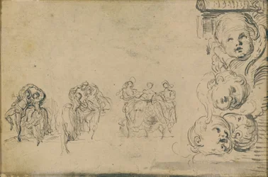 Schetsen van dansers en hoofden van putti