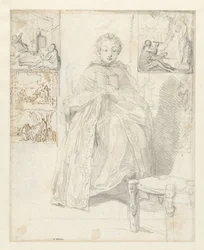Studieblad met een lezende vrouw en enkele schetsen