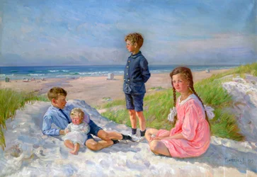 Erik, Else, Ove en Birthe Schultz op het strand, 1919