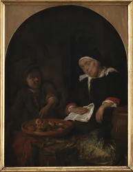 Een vrouw die fruit en haringen verkoopt