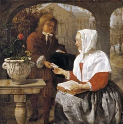 Een jonge vrouw ontvangt een brief, ca. 1658