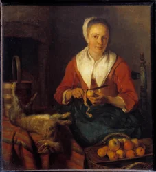 De appel schillen. Een vrouw schilt appels om te koken met een konijn. Schilderij door Gabriel Metsu (1629-1667)