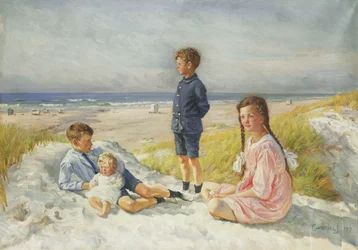 Erik, Else, Ove en Birthe Schultz op een Strand