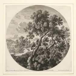 Landschap met twee reizigers en een kasteel; en herder, schapen en vee in een landschap, uit een set van zes landschappen