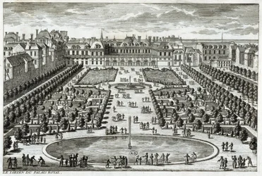 Uitzicht op het Parc du Palais Royal in Parijs (gravure door Perelle, eind 17e eeuw)
