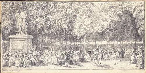 Een ontmoeting in de Tuilerieën tuinen rond een standbeeld, 1760
