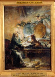 De droom of Voltaire (1694-1778) die de Maagd componeert. Schilderij door Gabriel Jacques de Saint Aubin (1724-1780)