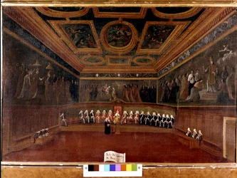 Raad van Tien in het Dogepaleis in de 18e eeuw - Sala del Consiglio dei Dieci, 1725 - De zaal van de Raad van Tien, Dogepaleis, Venetië (18e eeuw) - De doge en de Raad van Tien. Museo Correr, Venetië