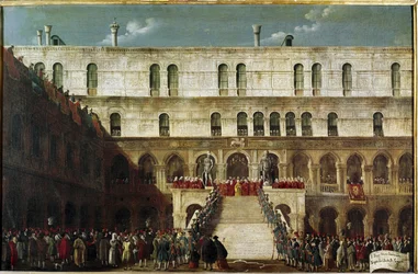 Inhuldiging van de doge op de Reuzentrap (Kroning van de doge op de Scala dei Giganti in Venetië). Venetië, Fondazione Querini Stampalia