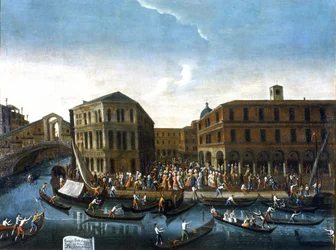 Doortocht van stadsvertegenwoordigers naar Rialto. Schilderij door Gabriel Bella. Tweede helft van de 18e eeuw. Prentenkabinet Querini Stampalia, Venetië (?).