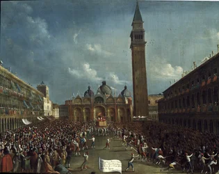 Processie van de doge en gelduitdeling aan burgers op het San Marcoplein