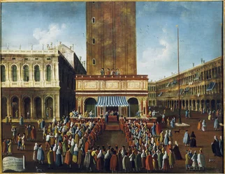 Openbare loterij bij de Loggetta, het Piazza San Marco, Venetië - Het loterijspel op het San Marcoplein in Venetië