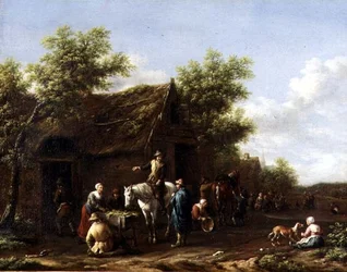 Reizigers die hun paarden laten rusten bij een schuur