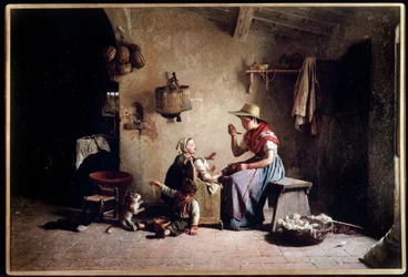 Het voeden van een baby. Schilderij van Gaetano Chierici (1838-1921). Olieverf op doek. Particuliere collectie.