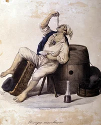 Napolitaan eet macaroni. Lithografie van Dura