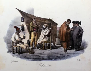 Klein ambacht van de stad Napels: een rondreizende barbier die op straat praat. Lithografie van G. Dura
