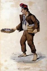Kleine beroepen van Napels: de visverkoper. Lithografie door F. Dura