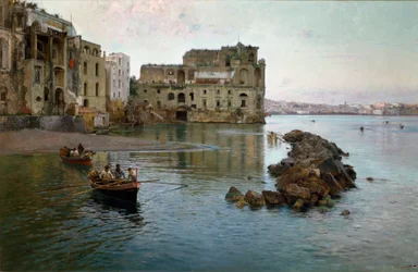 De zeekust in Napels. Schilderij van Gaetano Esposito (1858-1911)