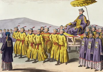 Keizer Chien Lung triomfantelijk gedragen, plaat 18 uit Le Costume Ancien et Moderne door Jules Ferrario, gepubliceerd ca. 1820-30