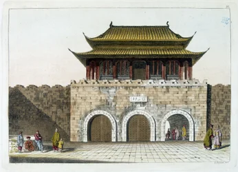 Poort van het Keizerlijk Paleis van Peking (de Verboden Stad) - uit "Oude en Moderne Kostuums" door Ferrario, uitgegeven in Milaan