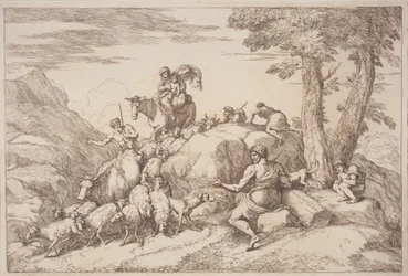 Een Pastorale Reis met een Moeder en Kind te Paard en een Oudere Herder Zittend