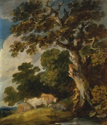 Een bebost landschap met vee en herder