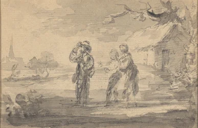Landschap met drie figuren, huisje en kerktoren
