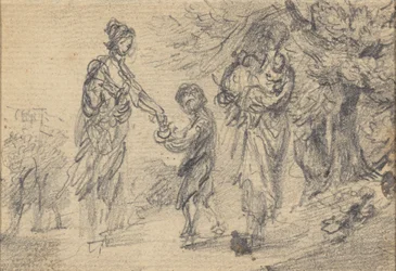 Landschap met twee vrouwen en kind