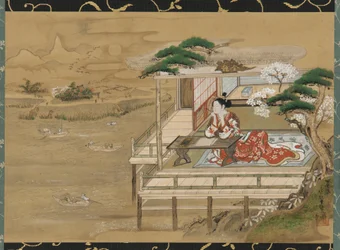 Murasaki Shikibu componeert het Verhaal van Genji in Ishiyamadera, Edo-periode, 19e eeuw