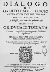Titelpagina van Dialoog over de twee belangrijkste wereldsystemen, Ptolemeïsch en Copernicaans, door Galileo Galilei, gepubliceerd in Florence in 1632 door Gian Battista Landini
