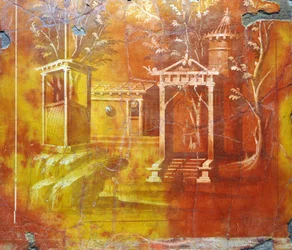 Romeinse kunst: architectonisch landschap met tempel en heilige poort van Villa Papiri (fresco)