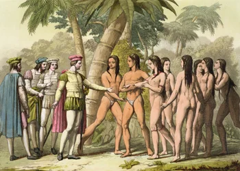 Christoffel Columbus (1451-1506) met Hernán Cortés (1485-1547) ontvangt een Indiaans-Amerikaans meisje als geschenk, uit “Le Costume Ancien et Moderne”, deel I, plaat 5, door Jules Ferrario, gepubliceerd ca. 182