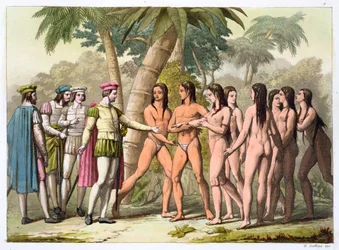 Christopher Columbus met Hernando Cortes die een inheems Amerikaans meisje als geschenk ontvangt, ca. 1820-1839