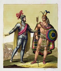 De ontmoeting tussen Hernando Cortes en Montezuma II, uit 