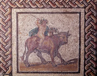 Gallo-Romeinse kunst: mozaïekvloer met een voorstelling van een landelijke kalender. De allegorie van de Lente rijdt op een stier. Eind 2e, begin 3e eeuw n.Chr. Uit Saint-Romain-en-Gal (Rhône). Saint-Germain-en-Laye, Nationaal Archeologisch Museum