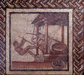 Gallo-Romeinse kunst: mozaïekvloer met een voorstelling van een landelijke kalender. Een oliepers. Eind 2e, begin 3e eeuw n.Chr. Uit Saint-Romain-en-Gal (Rhône). Saint-Germain-en-Laye, Nationaal Archeologisch Museum